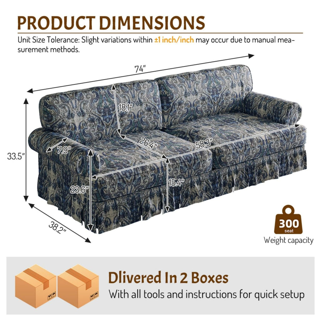 Cloud Couch Sofa with Rolled Arms and Pleated Skirt - Beige, Blue, or Light Brown