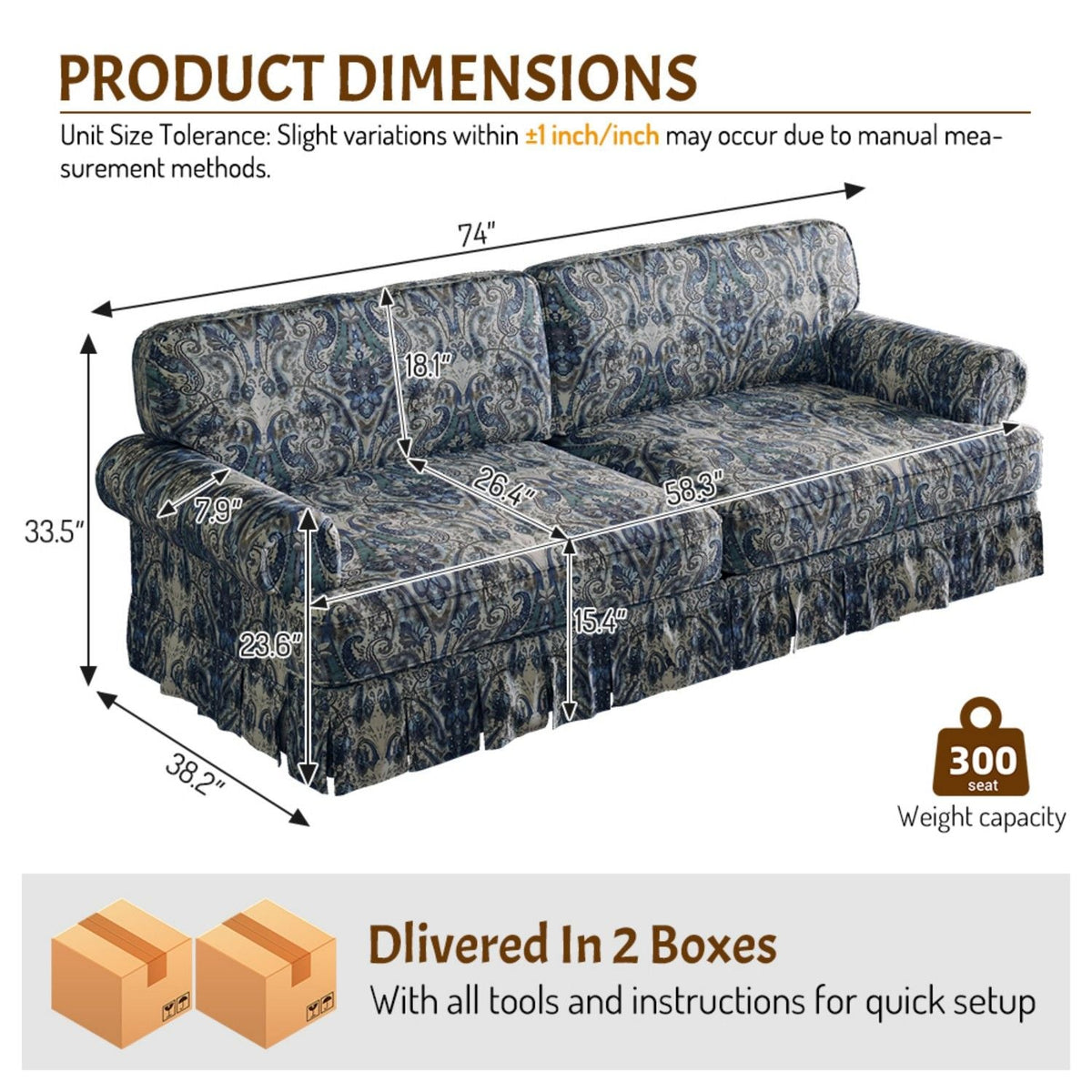 Cloud Couch Sofa with Rolled Arms and Pleated Skirt - Beige, Blue, or Light Brown