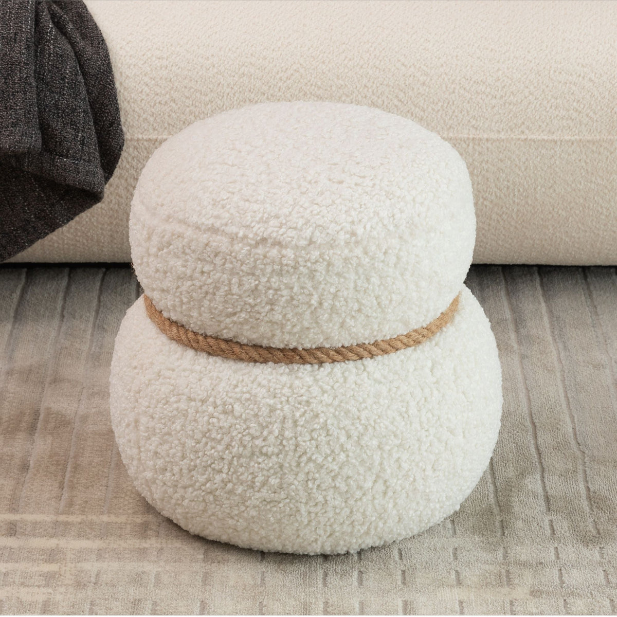 Snowman Stool Ottoman with Lamb Wool Cushion and Solid Wood Frame - White, Light Brown, Dark Green