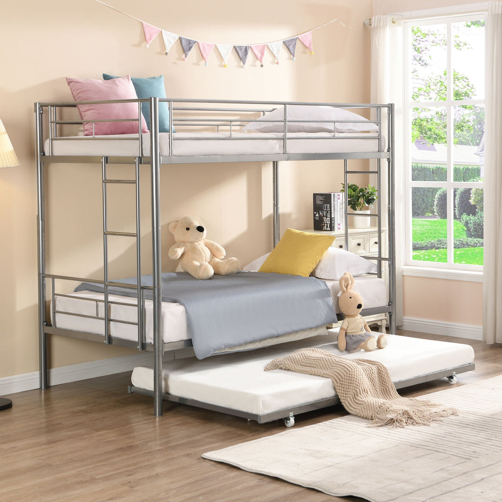 Twin Over Twin Bunk Bed with Trundle - Sturdy Metal Frame - Pearl Silver, White, or Pink