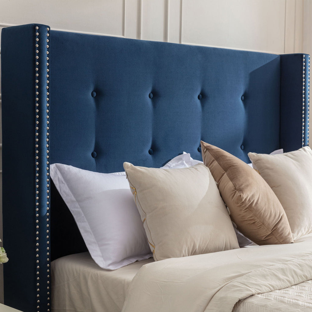 Upholstered Bed with 54" High Headboard and Hand Buttoned Tufting - White or Blue