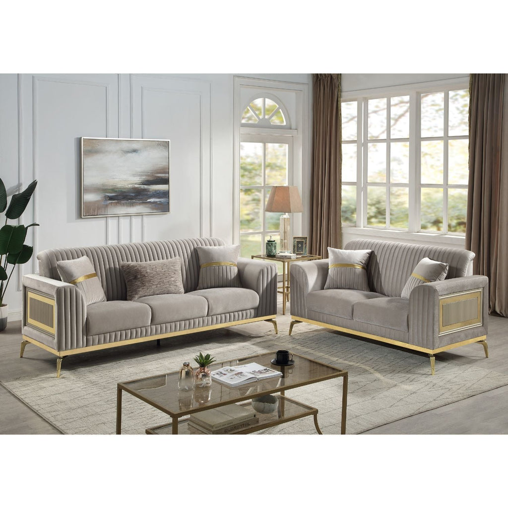 Antigua 2 Piece Living Room Set with Plush Cushions and Metal Accents - Black or Light Brown