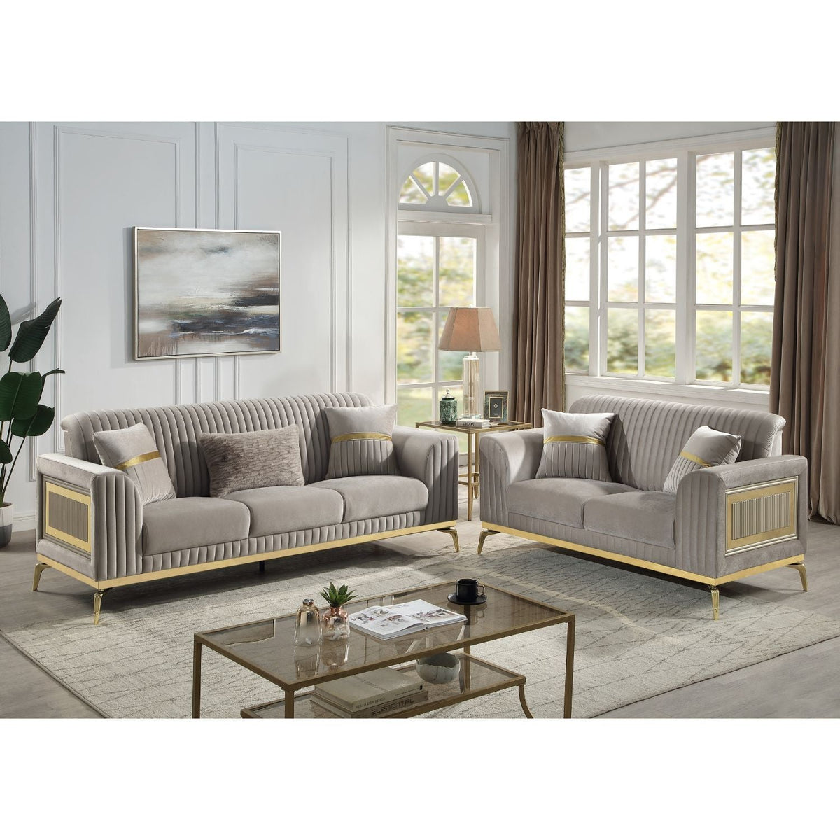 Antigua 2 Piece Living Room Set with Plush Cushions and Metal Accents - Black or Light Brown