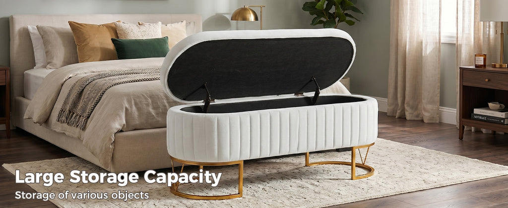 Velvet Storage Bench with Golden Metal Legs - Bedroom Bench