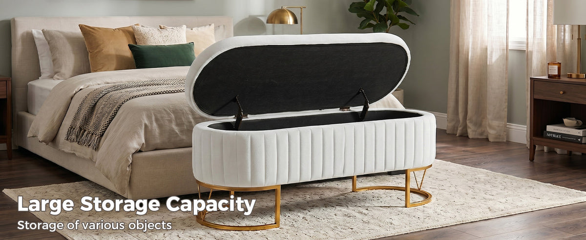 Velvet Storage Bench with Golden Metal Legs - Bedroom Bench