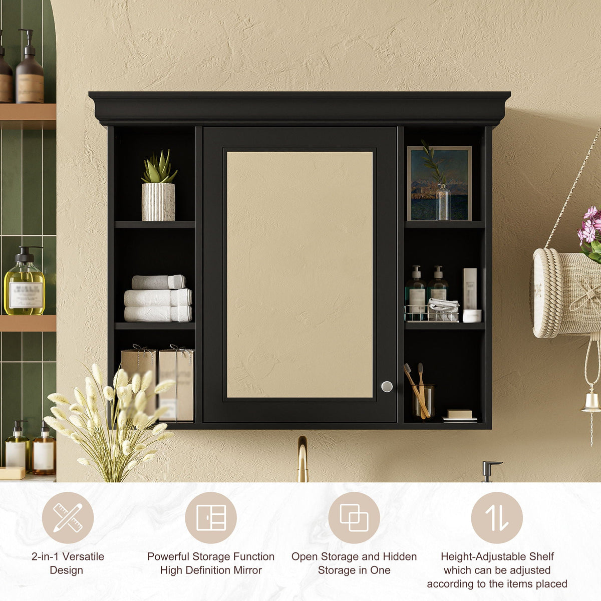 Wall Mounted Bathroom Storage Cabinet with Mirror Door - 35.5" Wide