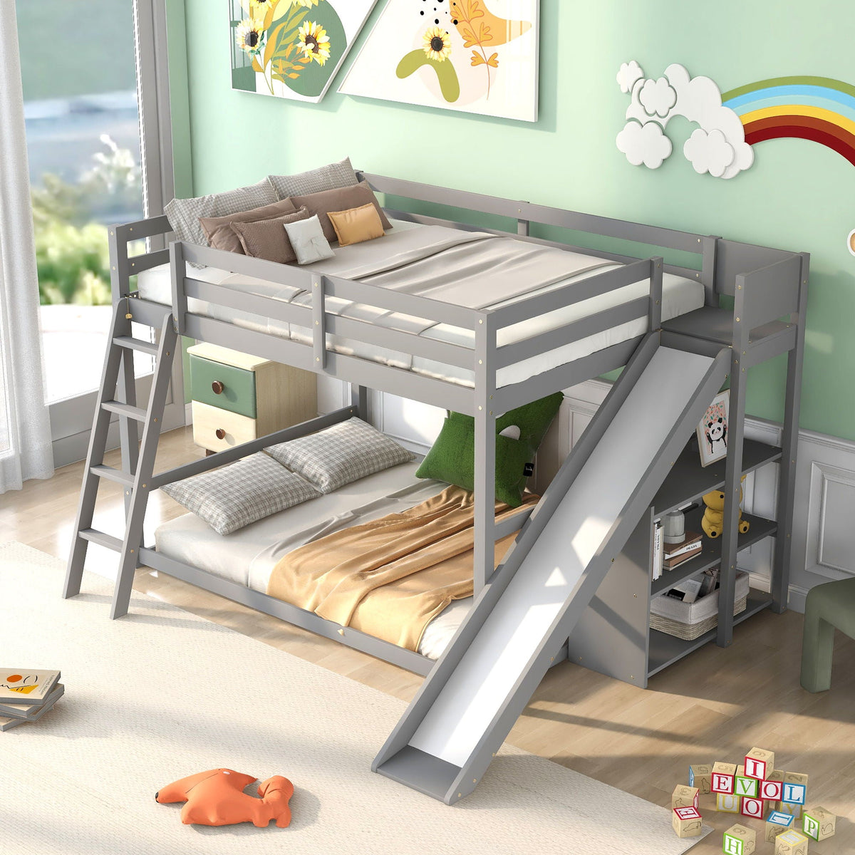 Bunk Bed With Ladder, Slide, and Shelves - Pine Wood, Full Over Full