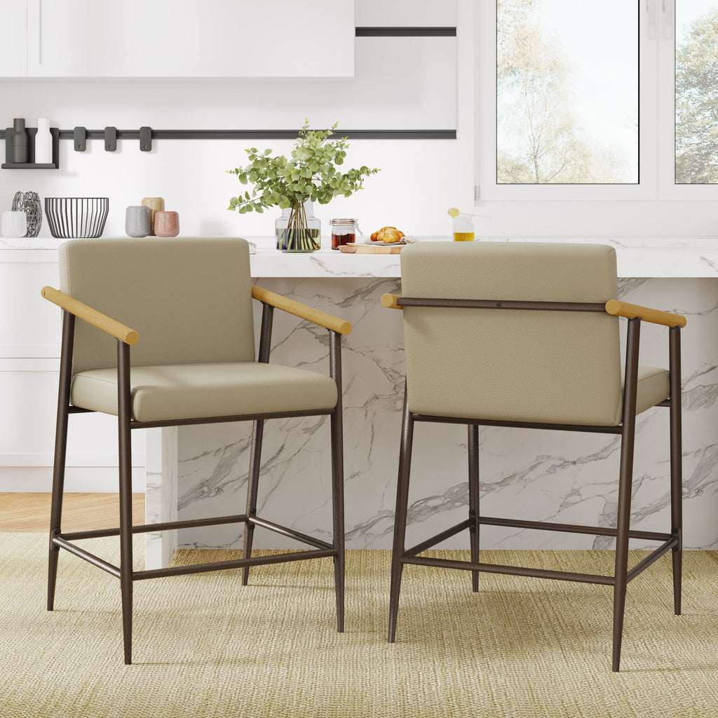 Mid Century Modern Counter Stool Set with Cushions - Khaki