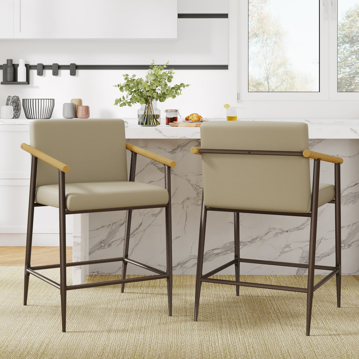 Mid Century Modern Counter Stool Set with Cushions - Khaki