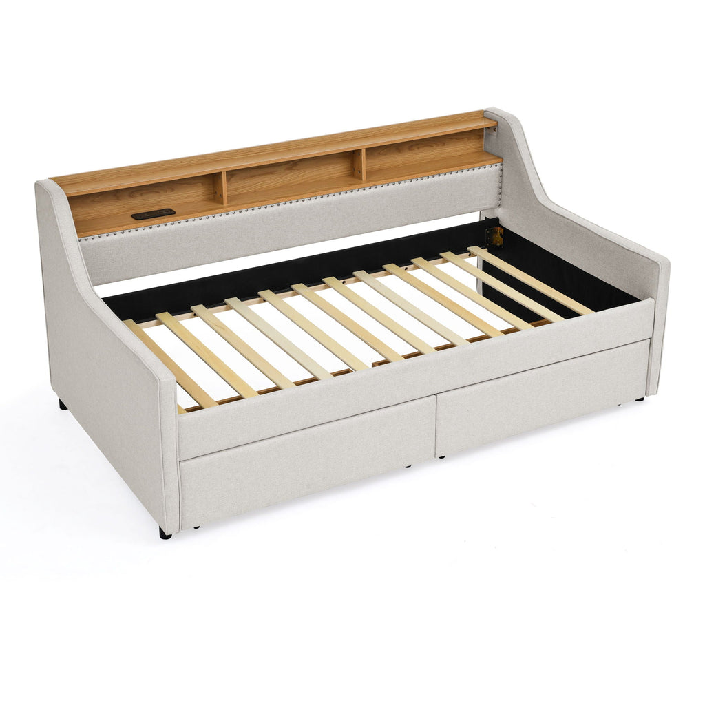 Twin Upholstered Sofa Bed with LED Lights and Storage Drawers - Beige