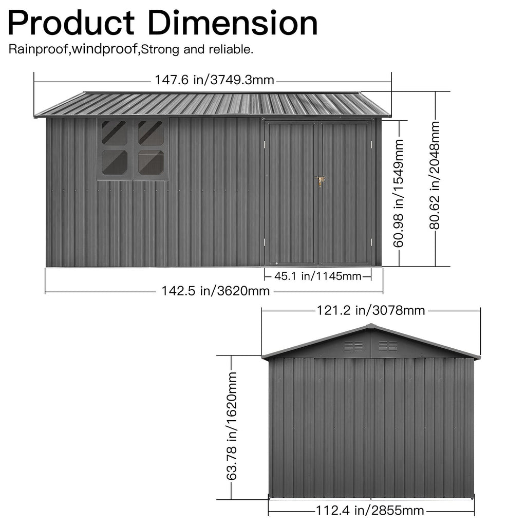 12x10 Ft Metal Garden Shed with Apex Roof and Shelving - Grey