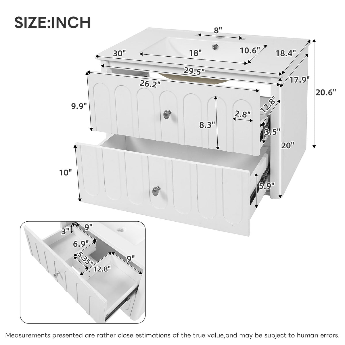 Floating Bathroom Vanity with Soft Close Drawer Slides – White or Black