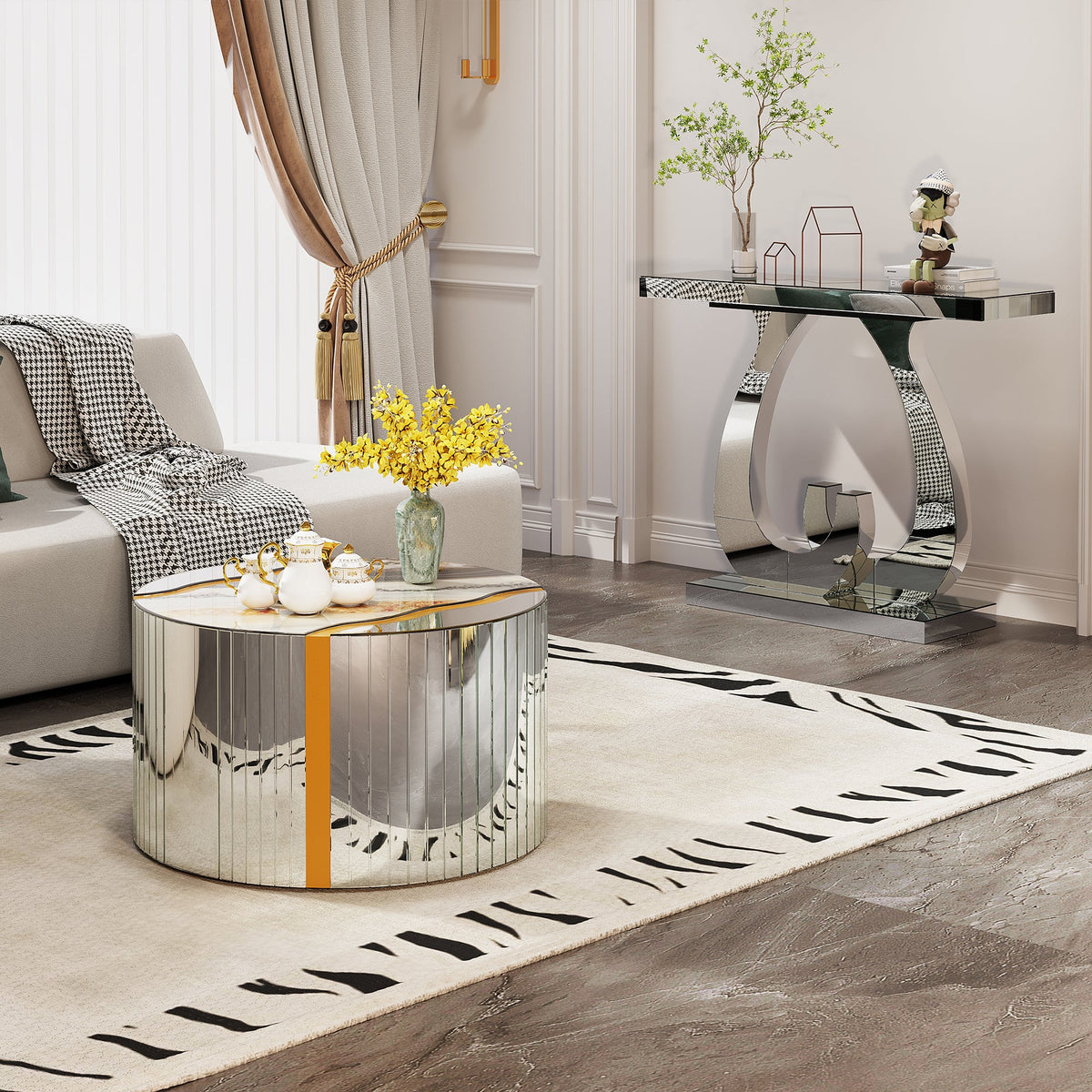 Modern Mirror Side Table with Double C-Shape Base - Silver Mirror