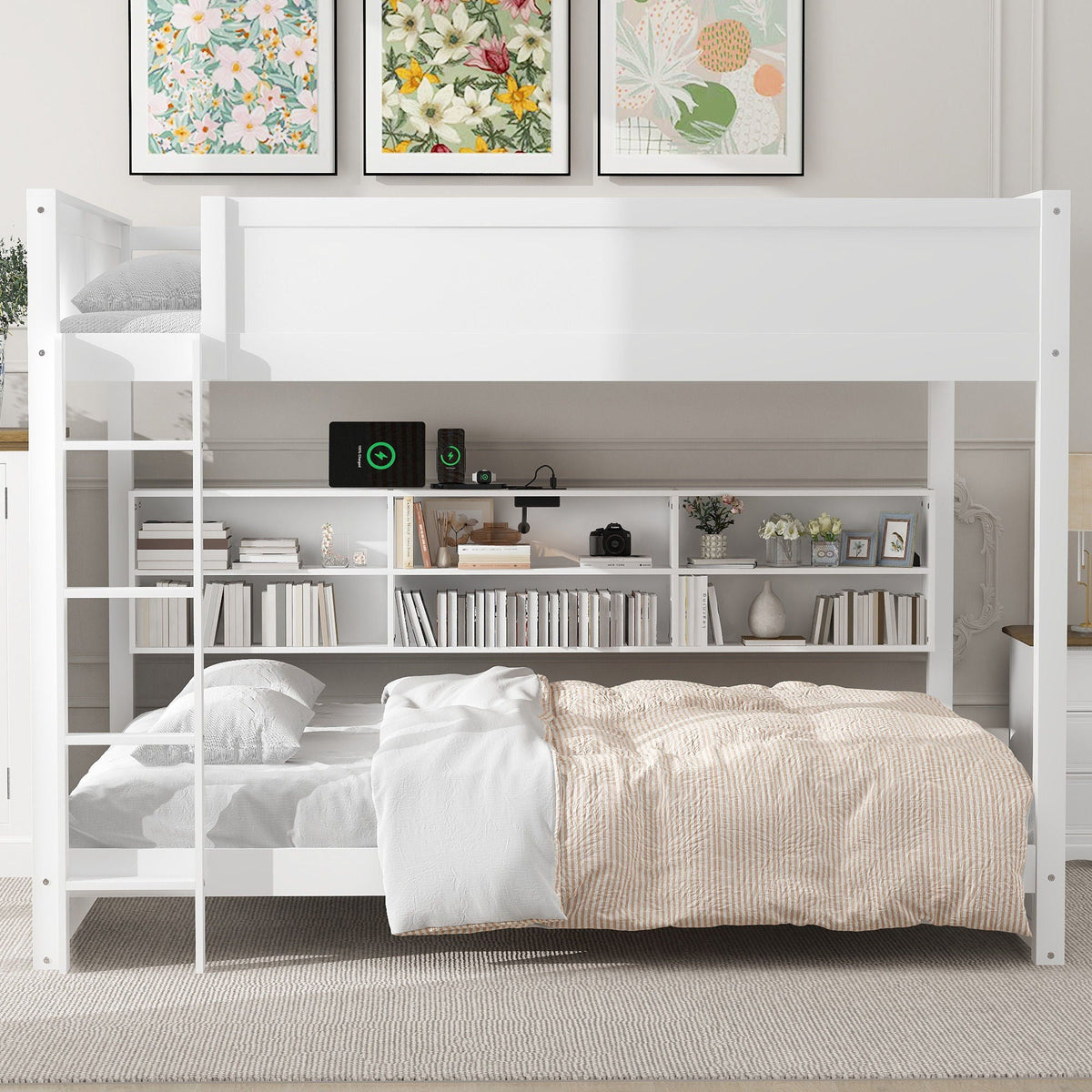Queen Bunk Bed with Storage Cabinets and USB Ports - Dark Brown or White