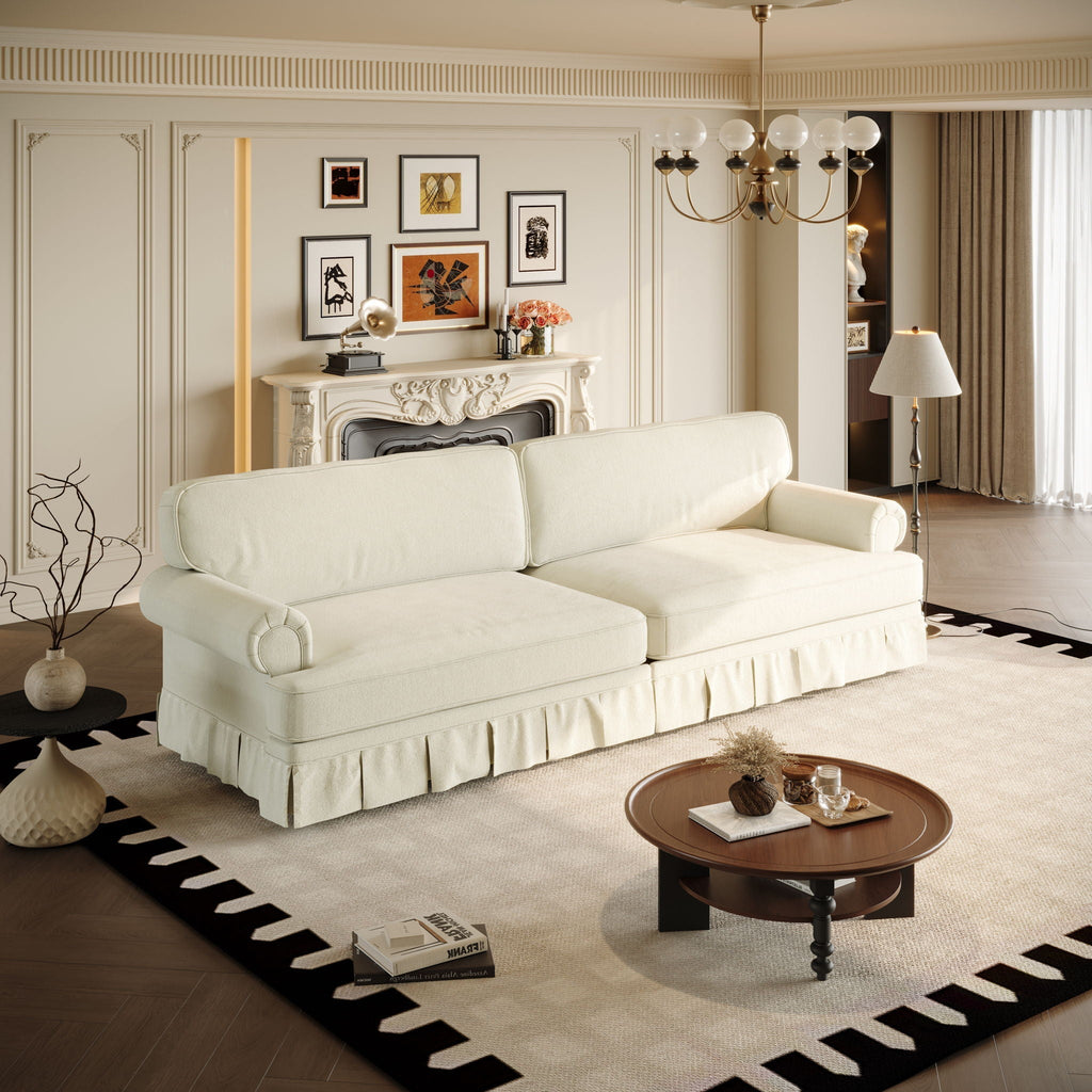 Cloud Couch Sofa with Rolled Arms and Pleated Skirt - Beige, Blue, or Light Brown