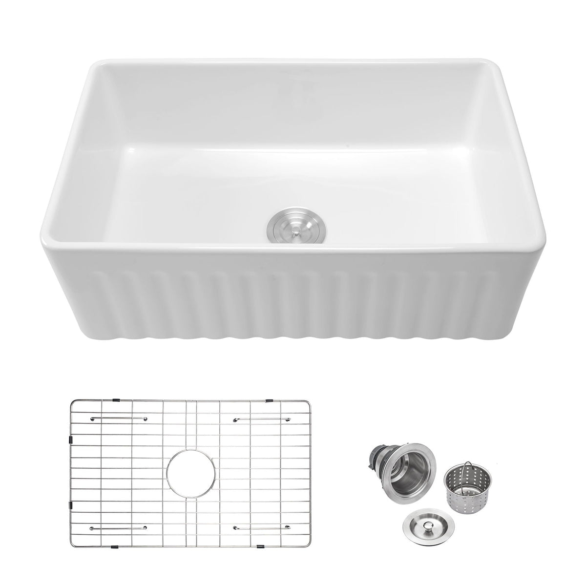 Ceramic Farmhouse Sink with Deep Basin and Stainless Steel Grid - White