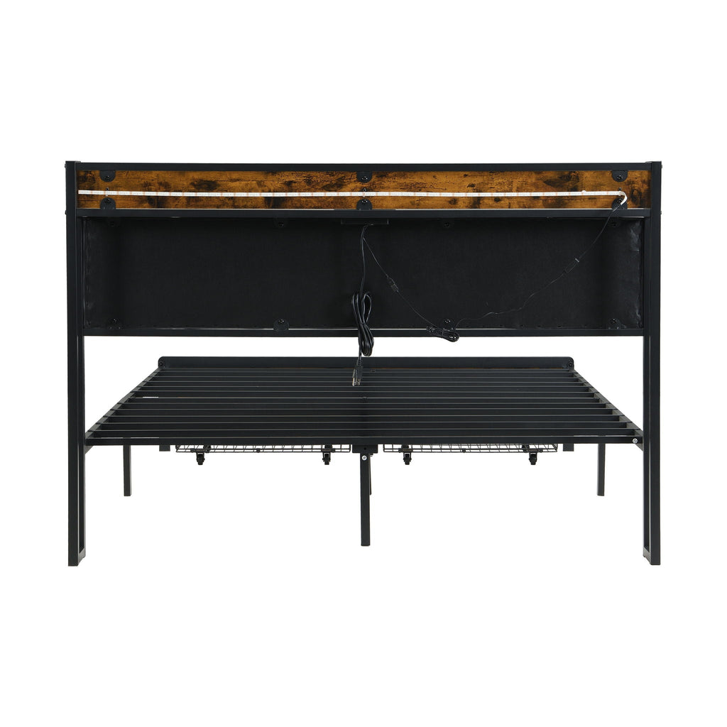 Modern Bed Frame with LED Lights and USB Charging - Light or Dark Brown