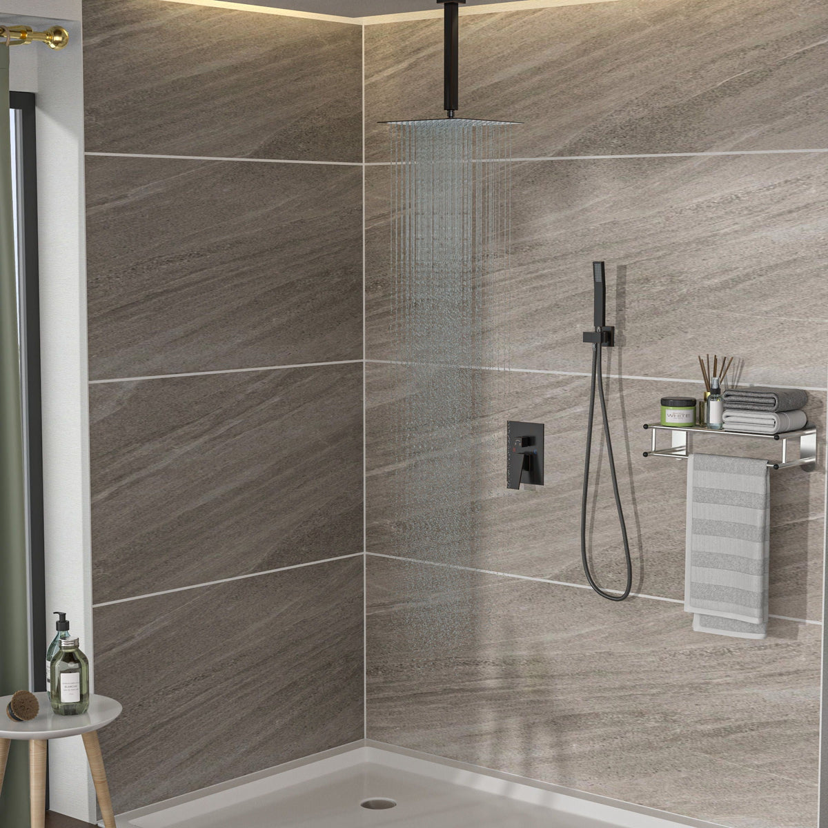 Dual Shower Head 16" Ceiling Mount Shower System with Pressure-Balanced Valve - Gray