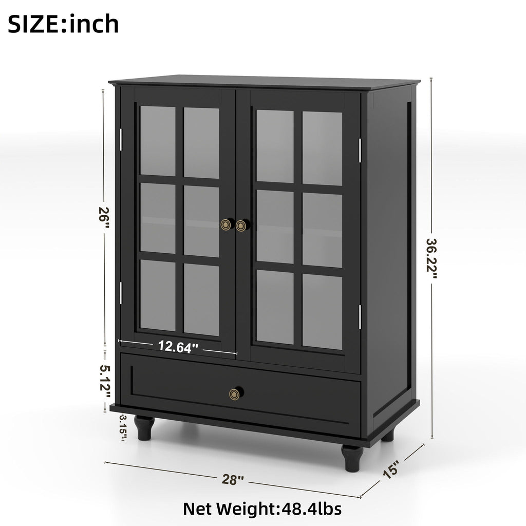 Minimalist Buffet Cabinet with Double Glass Doors and Drawer - White, Green, Black, Blue