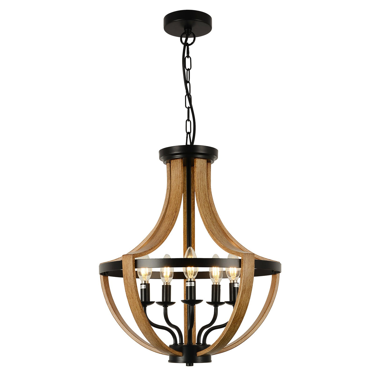 5-Light Modern Chandelier with Geometric Wooden Frame - Brown