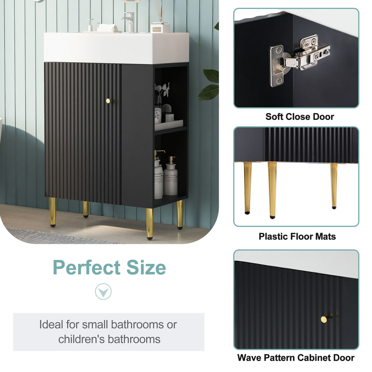 Bathroom Vanity with Single Ceramic Sink and Side Storage - Multiple Colors