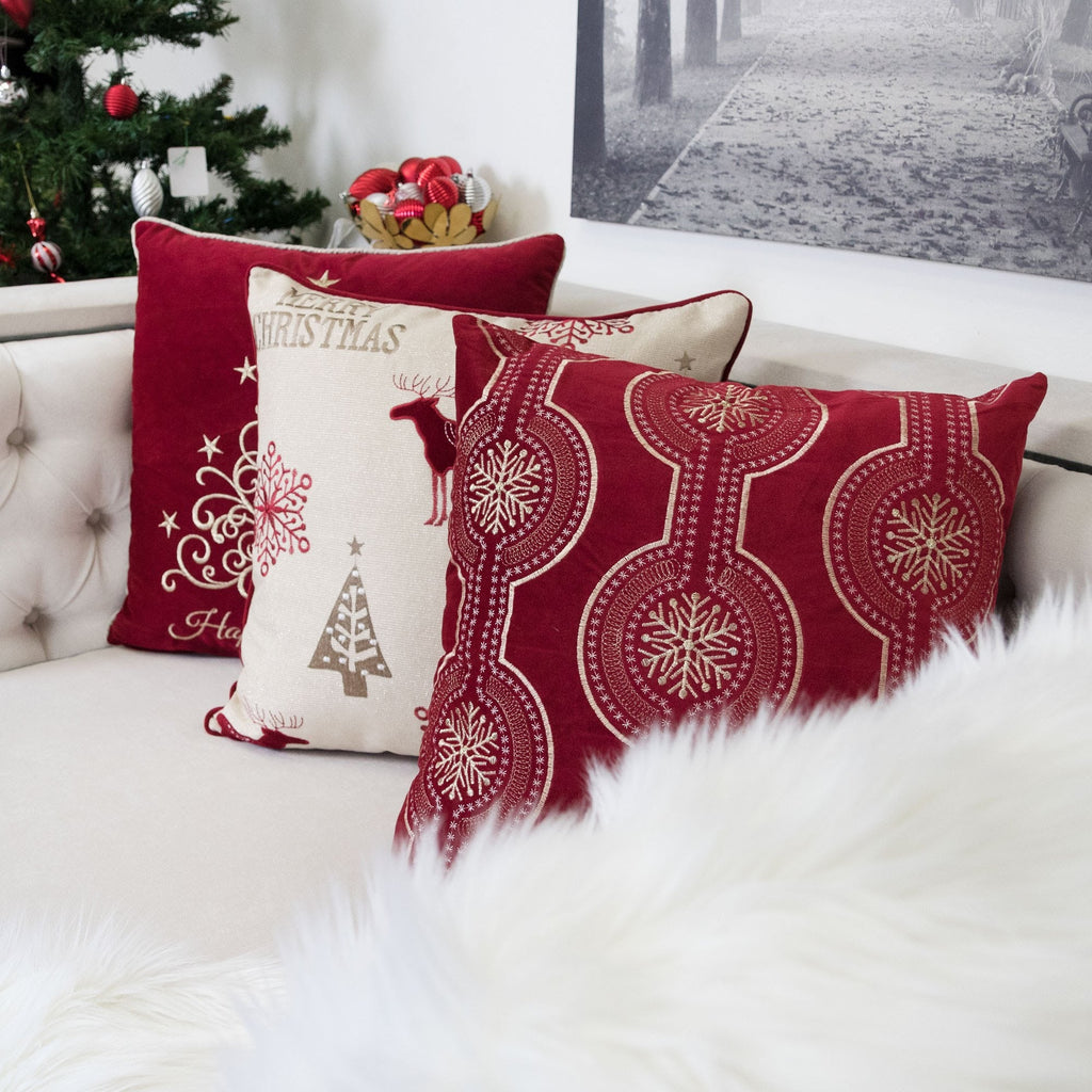 Red Holiday Embroidered Velvet Throw Pillow Set with Insert - Red