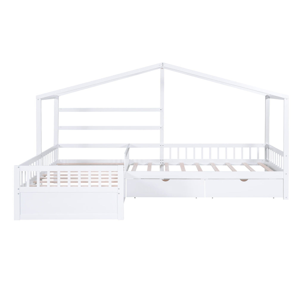 L Shape Twin Platform Bed with 3 Storage Drawers - Dark Gray or White
