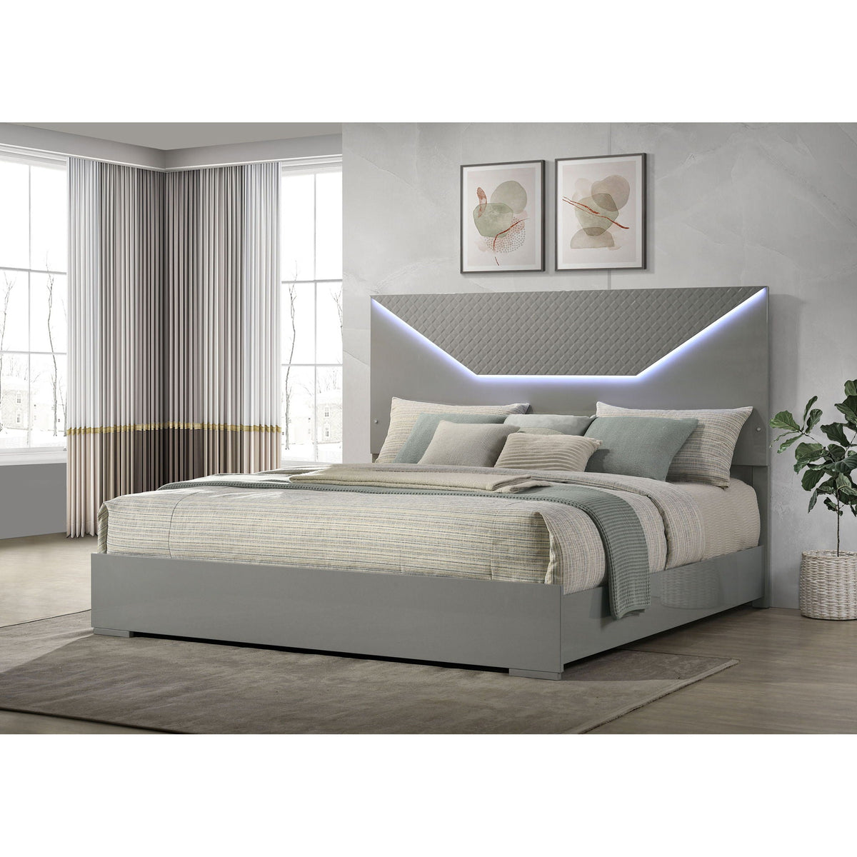 Pierce Panel Bed with LED Headboard - High Gloss Finish - White or Dark Gray