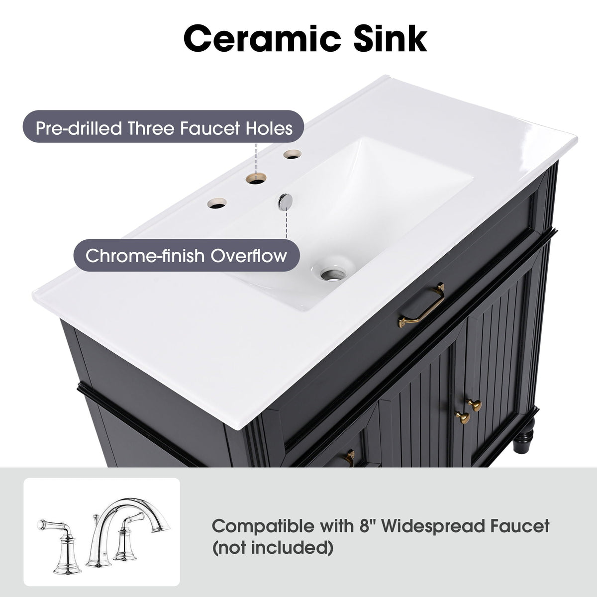 Bathroom Vanity With Sink and Drawers - Freestanding Solid Wood Cabinet