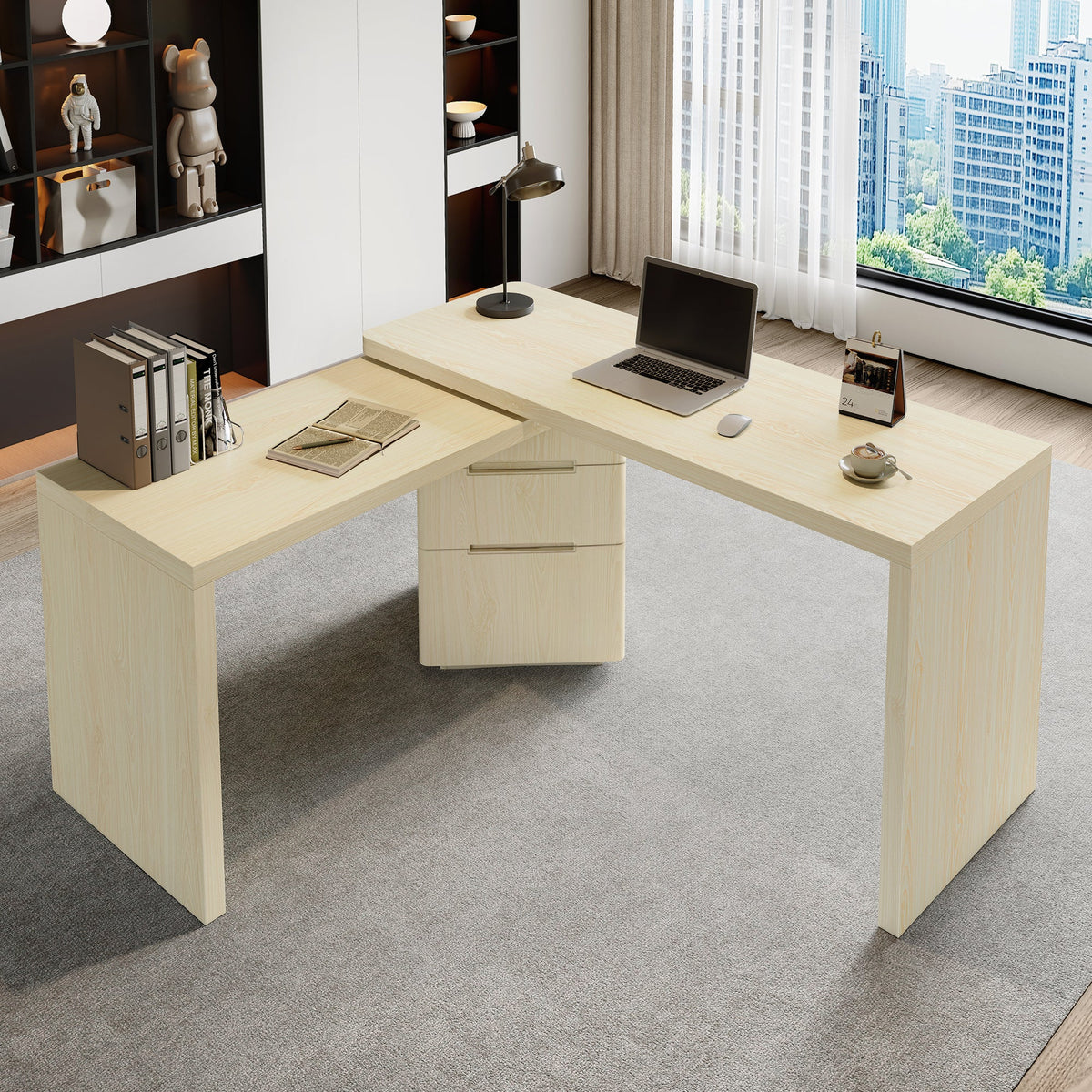 90" Modern L Shaped Desk with Rotating Design - Natural Wood or Walnut