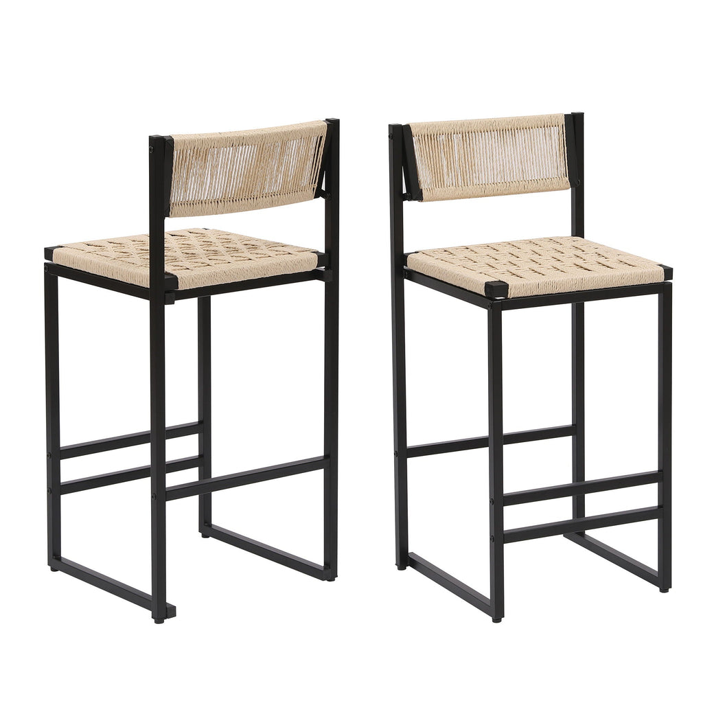 Creamy White Woven Bar Stools with Backrest - Paper Rope Seats