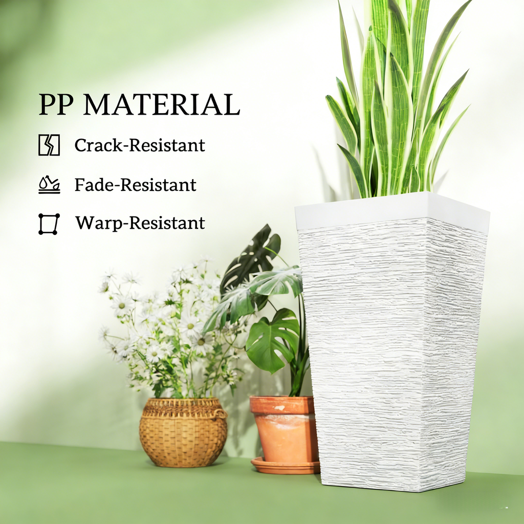 Stackable Tapered Planters Set of 3 with Wheels and Drainage - White Stone Look