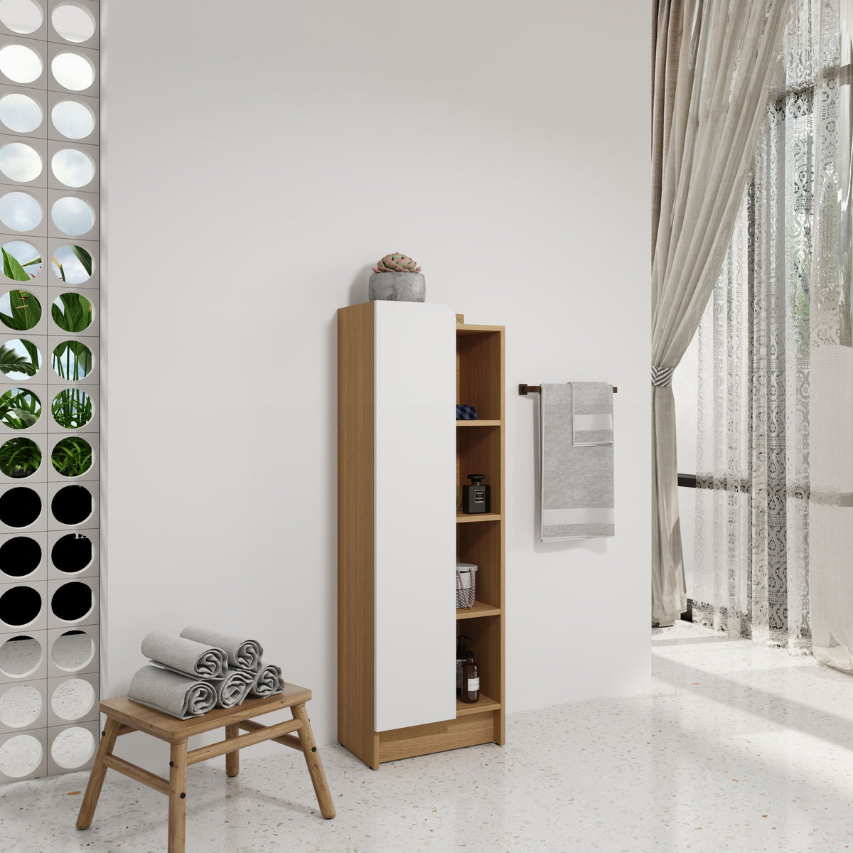 Tall Freestanding Bathroom Side Cabinet with Single Door & 4 Tier Open Shelves - Black / Light Oak / White