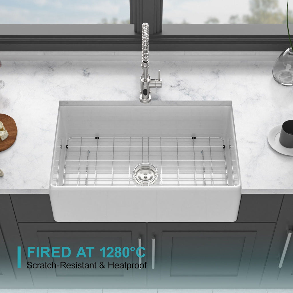 Ceramic Farmhouse Sink with Deep Basin and Stainless Steel Grid - White