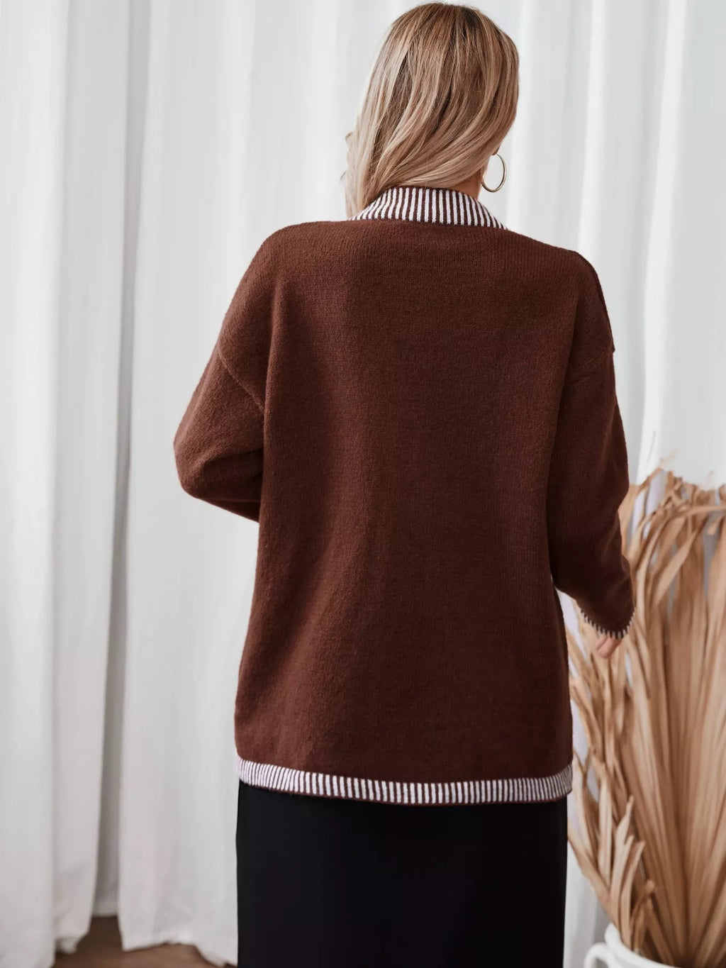 Striped Trim Button Front Pocket Knit Cardigan
