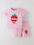 Children's Strawberry Round Neck Tee and Shorts Set