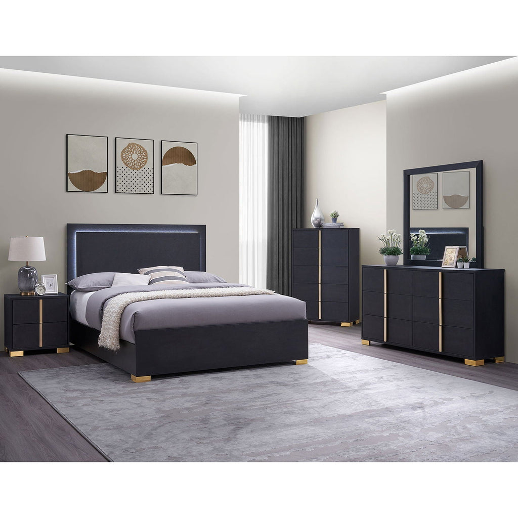 Black 6 Drawer Dresser & Mirror with Gold Accents