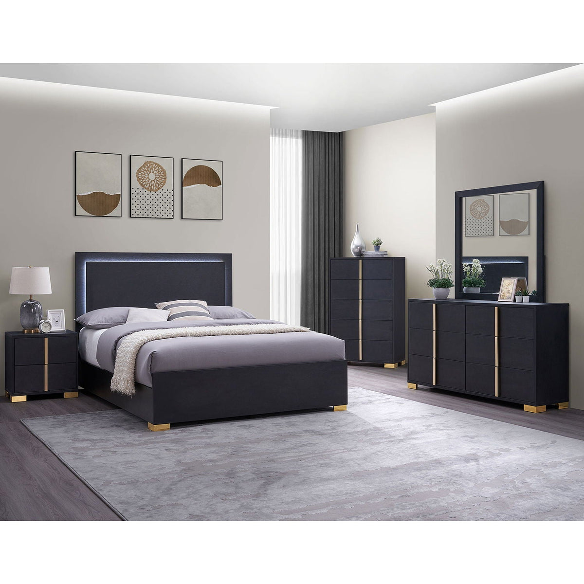 Black 6 Drawer Dresser & Mirror with Gold Accents