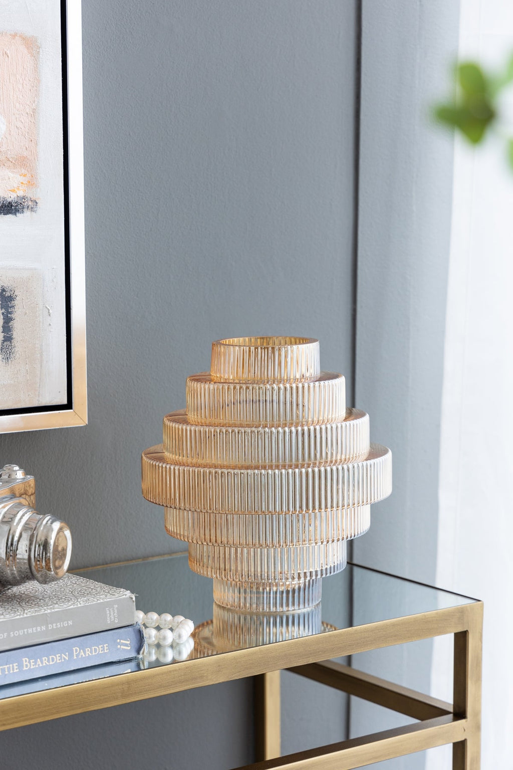 Tiered Geometric Glass Vase with Amber Luster Finish - Multicolor