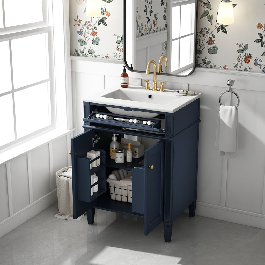 24" Bathroom Vanity with Ceramic Basin and Storage - Blue