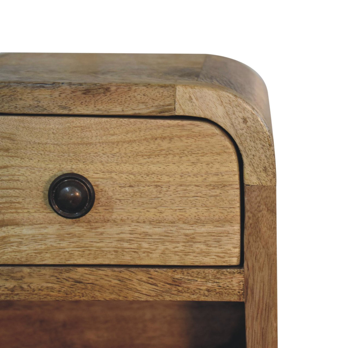 Extra Mini Curved Oak-ish Nightstand with Open Slot and Drawer - Solid Mango Wood