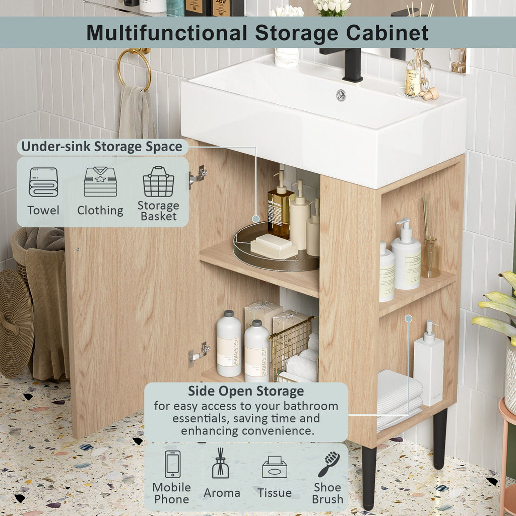 Bathroom Vanity with Single Ceramic Sink and Side Storage - Multiple Colors