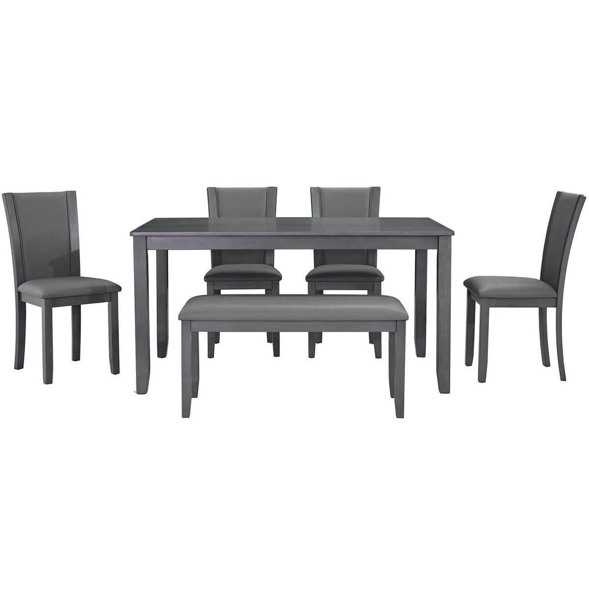 Gray 6 Piece Dining Room Set with Bench with Padded Faux Leather Seats - Gray Wood Grain