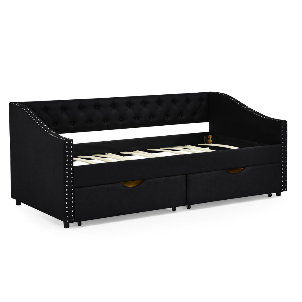 Upholstered Tufted Daybed with 2 Drawers and Waved Arms - Multiple Colors