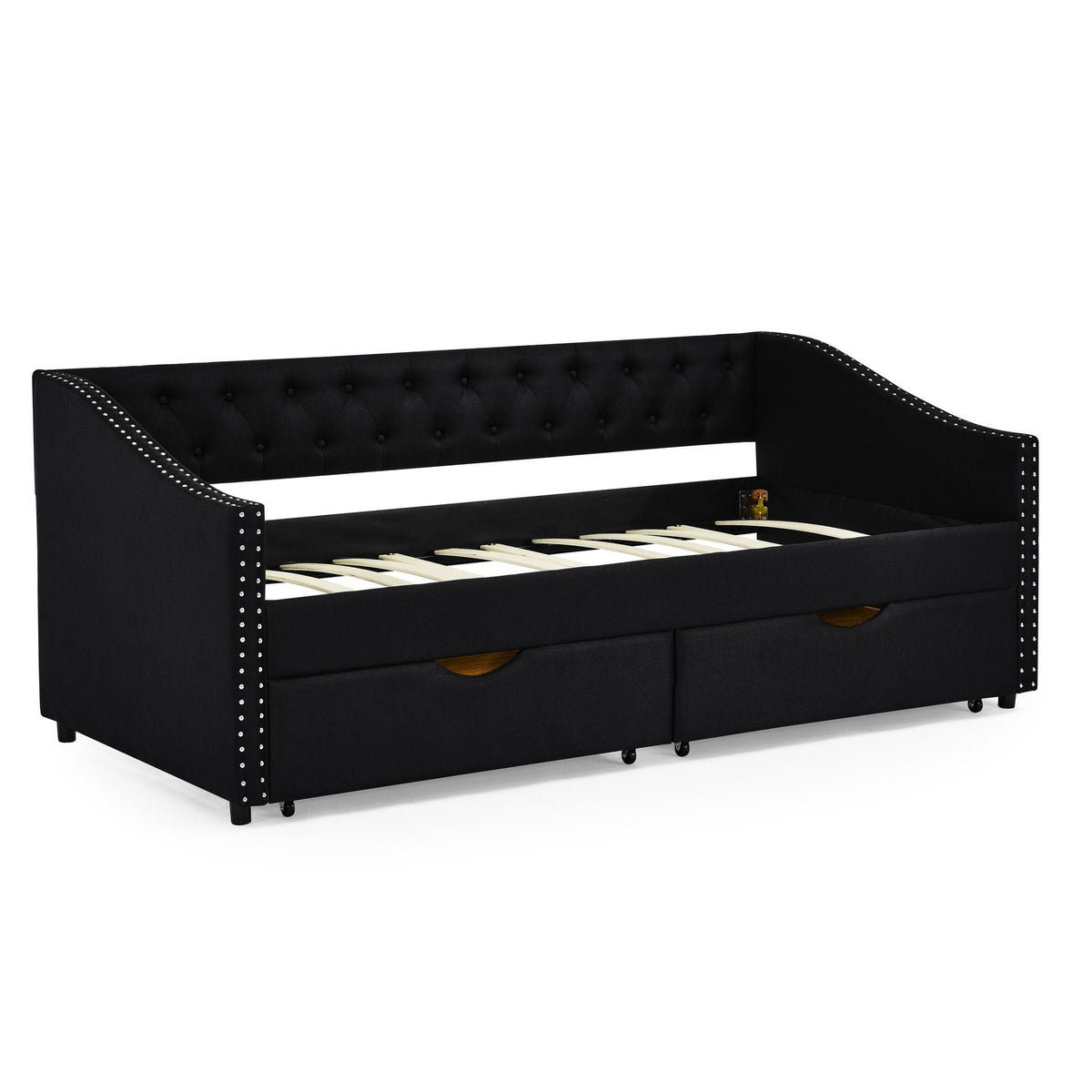 Upholstered Tufted Daybed with 2 Drawers and Waved Arms - Multiple Colors