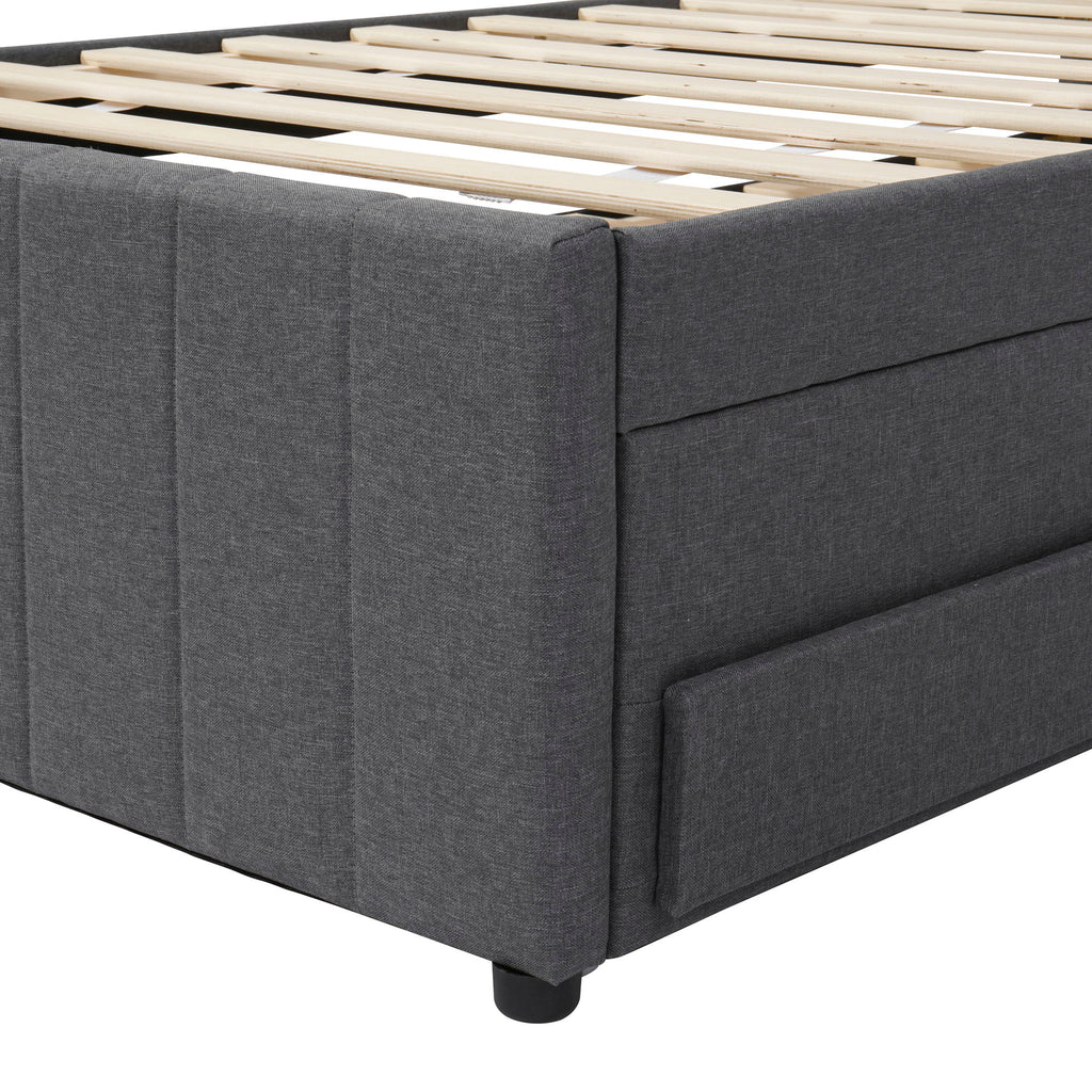 Upholstered Platform Bed with Twin Size Trundle and 3 Drawers - Beige, Full