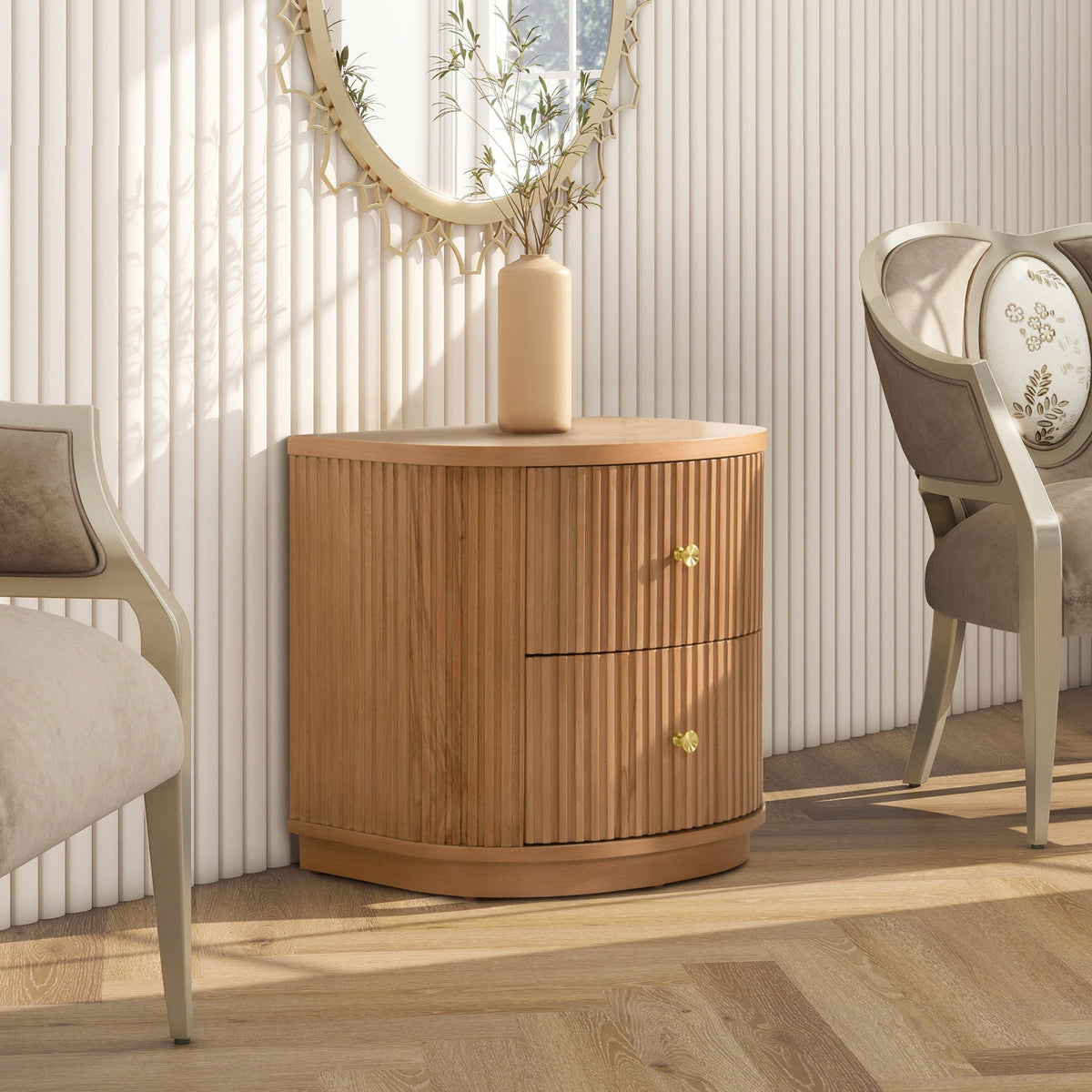2 Drawer Storage Side Table with Fluted Carved Detail - Light or Dark Brown