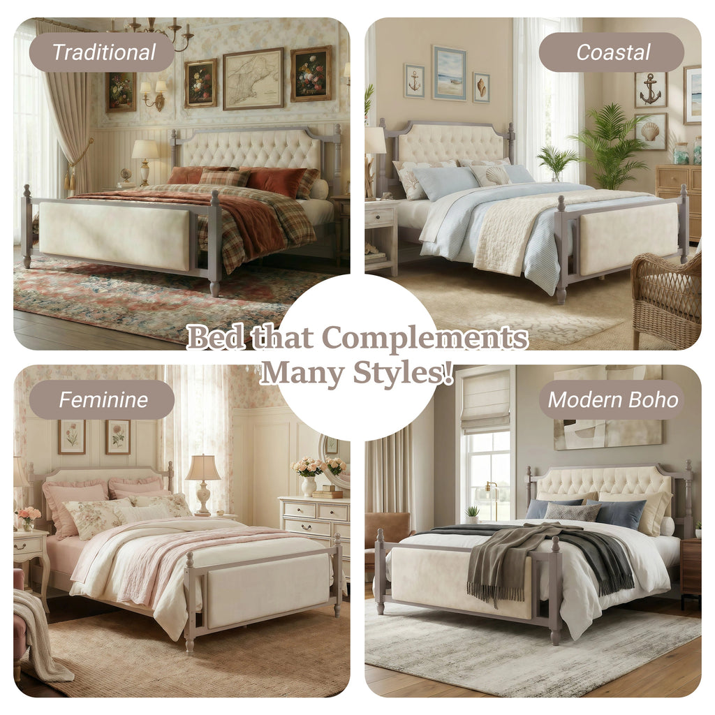 King Size Upholstered Platform Bed with Velvet Button Tufted Headboard