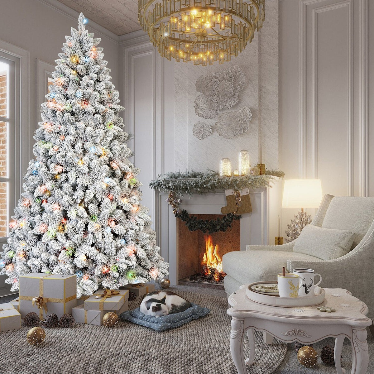 6FT Flocked Christmas Tree with 350 Colorful UL Lights - Green