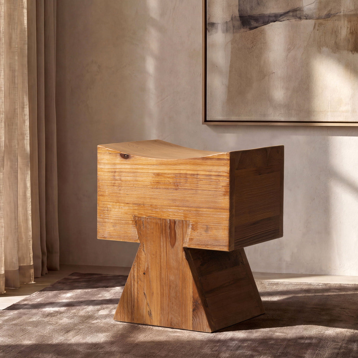 Brown Reclaimed Wood Stool Ottoman with Sculptural Saddle Seat